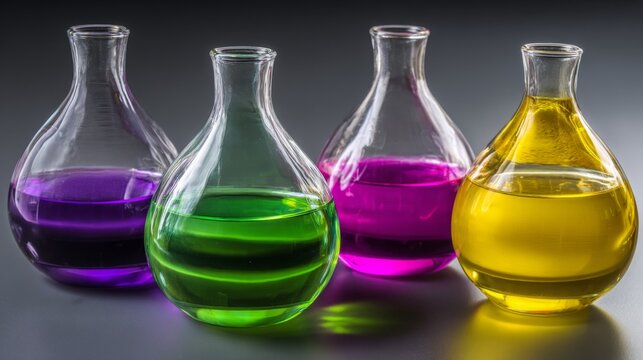 Colorful liquids in round glass demijohns creating light refraction, dark background, crisp details.
