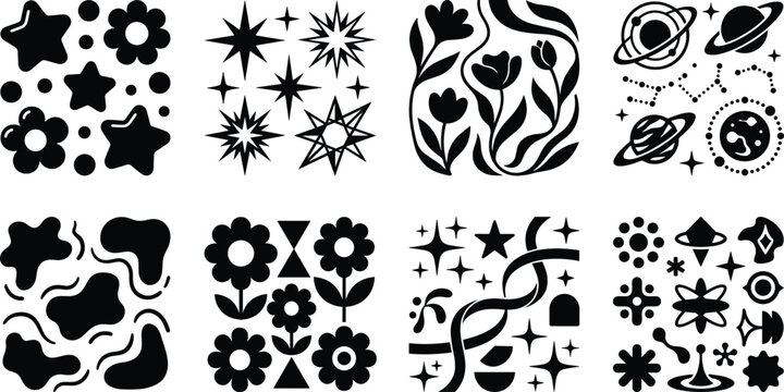 Black and White Abstract Vector Bundle Featuring Geometric, Floral, Organic, and Space-Themed Decorative Pattern Designs