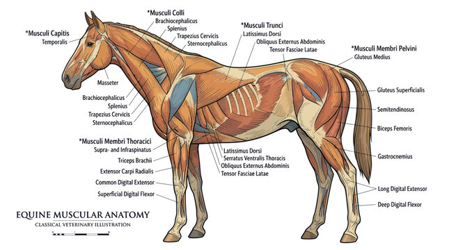 Horse muscular system anatomy diagram with medical labels
