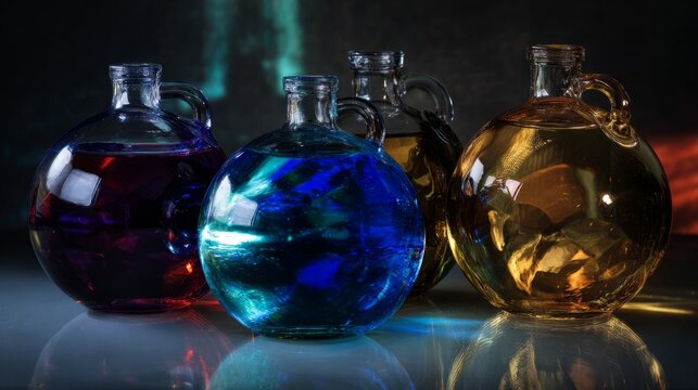 Colorful liquids in round glass demijohns creating light refraction, dark background, crisp details.
