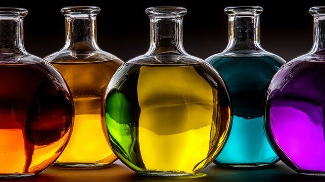 Colorful liquids in round glass demijohns creating light refraction, dark background, crisp details.
