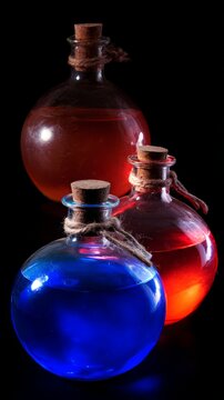 Colorful liquids in round glass demijohns creating light refraction, dark background, crisp details.
