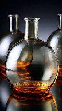 Colorful liquids in round glass demijohns creating light refraction, dark background, crisp details.
