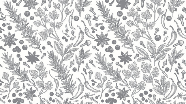 Hand drawn herbal spice pattern with rosemary chili and anise