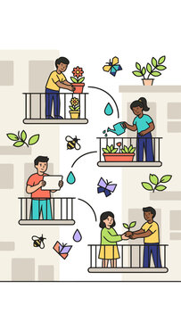Young people nurturing plants on balconies, sharing green spaces and promoting urban gardening