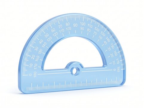 A close-up 3D rendering of a transparent blue protractor with precise angle markings on a white background
