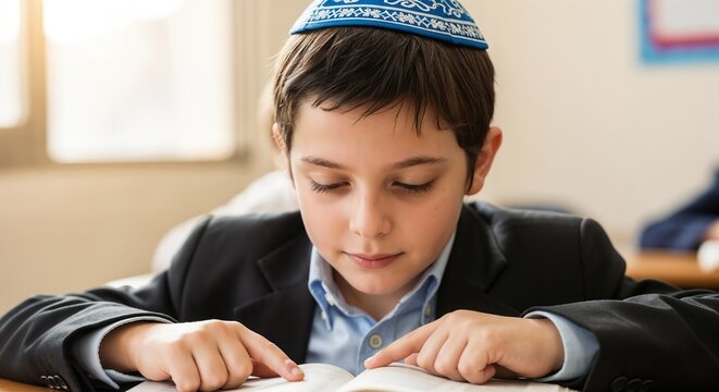 Young boy studying religious text in classroom with kippah on head. Child focuses on learning, demonstrating dedication to education and tradition in an engaging classroom setting.