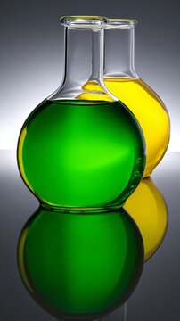Colorful liquids in round glass demijohns creating light refraction, dark background, crisp details.
