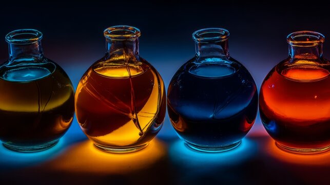 Colorful liquids in round glass demijohns creating light refraction, dark background, crisp details.
