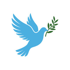 Fototapeta premium A blue dove carries a green olive branch in flight