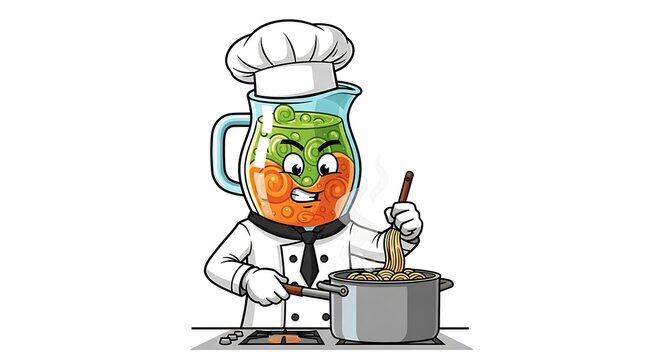 Robot chef preparing colorful dish in kitchen.