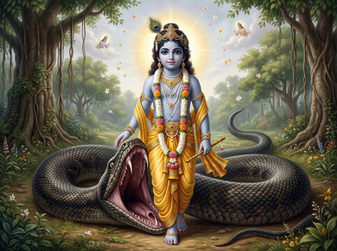 Lord Krishna After Subduing the Poisonous Serpent Kaliya During the Sacred Kaliya Mardana Leela in Vrindavan
