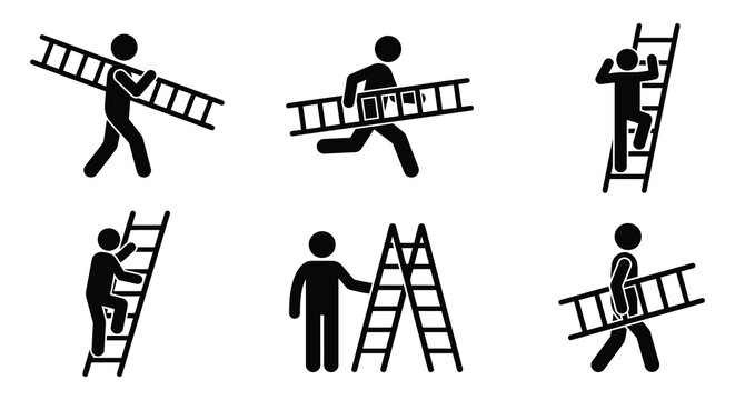 Stick figure silhouettes depicting people with ladders vector illustration
