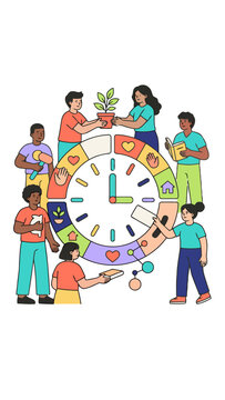 Multicultural youth engage in global initiatives symbolized by a clock and interconnected icons