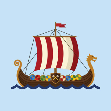 A wooden viking longship sails on blue ocean waves