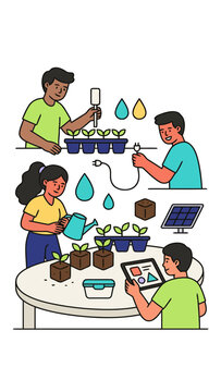 Young people engage in a project involving planting seedlings, using a tablet and solar energy for sustainable growth