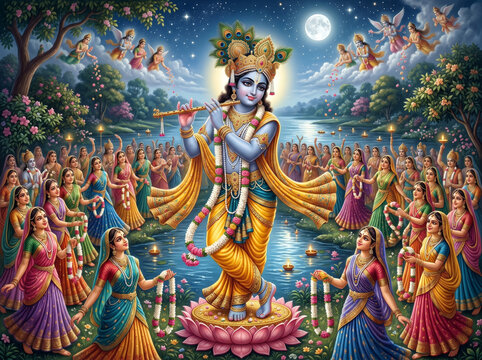 Lord Krishna at the Center of the Grand Ras Leela Surrounded by Countless Devoted Gopis in the Sacred Forests of Vrindavan