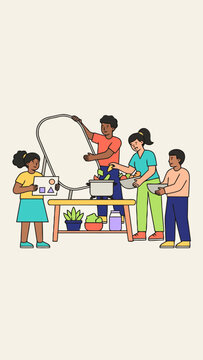 Young people prepare a large meal together, focusing on healthy ingredients and shared cooking experience