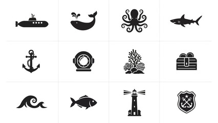 Creative black and white nautical and underwater icons collection featuring submarine whale shark octopus scuba gear treasure lighthouse © Suranjana