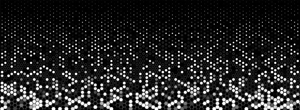 Hexagon halftone field dense left, fade right. Honeycomb mosaic tech vibe. Topics technology data. Use background banner UI cover print. Monochrome minimal geometric BG. Vector illustration