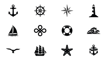 Nautical themed icons showcase vintage maritime symbols for travel branding © Suranjana