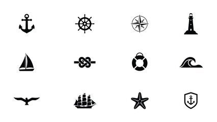 Minimalist nautical icons collection showcasing maritime adventure and exploration in clean black © Suranjana