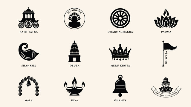 Elegant black and white icons depicting traditional spiritual symbols and sacred objects for cultural presentations