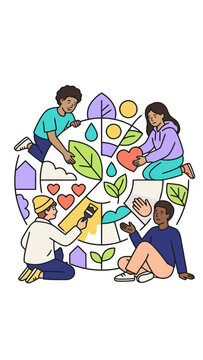 Diverse youth creating a circular mural with natural elements and symbols of love and community