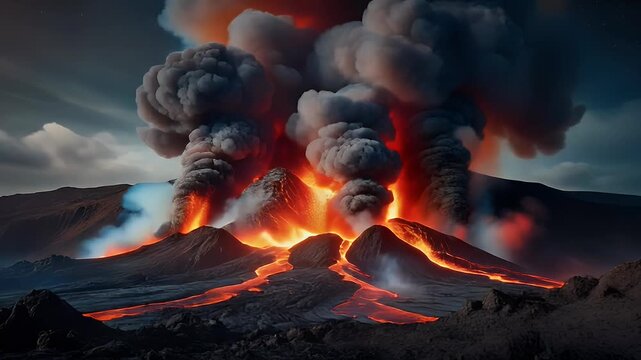 Erupting volcano with lava and smoke at dusk