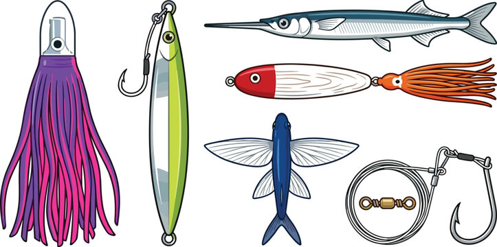 Fishing Lure Collection with Squid Skirt, Metal Jig, Needlefish, Feather Jig, Flying Fish Rig and Wire Leader Vector Illustration Set