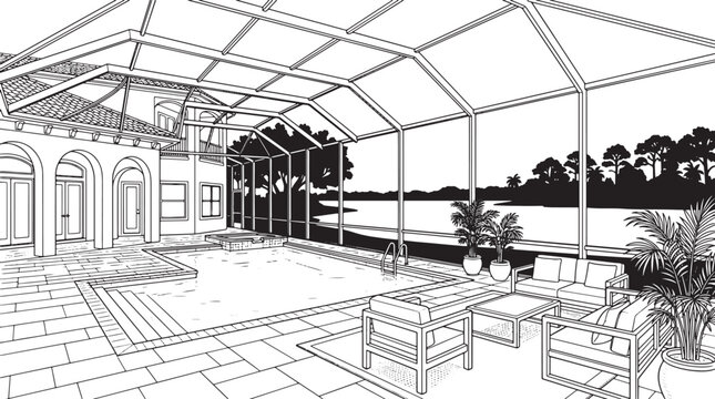 Architectural line drawing of a luxury swimming pool patio with screened enclosure and outdoor furniture vector
