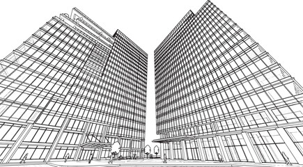 Fototapeta premium Architectural sketch of modern glass office towers with geometric facade design in a clean line art style
