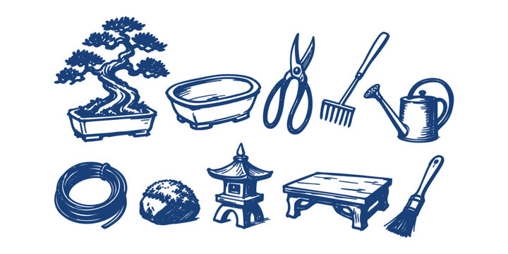 bonsai tree and gardening element japanese culture doodle icon set vector illustration