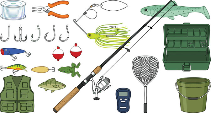Complete Fishing Equipment Collection with Rod, Reel, Tackle Box, Lures, Hooks, Landing Net, Bucket and Angling Gear Vector Illustration Set