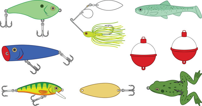 Fishing Lure and Tackle Collection with Crankbait, Popper, Spinnerbait, Spoon, Bobber, Frog Bait and Freshwater Vector Illustration Set