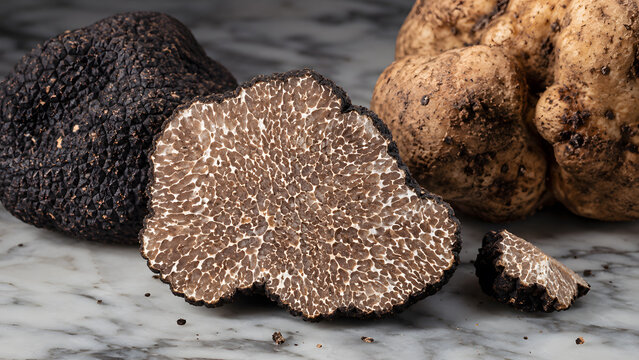 Whole and sliced fresh black and white truffles resting on a grey marble surface, showcasing luxury gourmet ingredients and traditional culinary legacy.