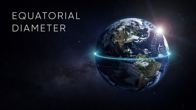 Earth from space with blue line around equator and sun shining  planet in outer space with stars and galaxy