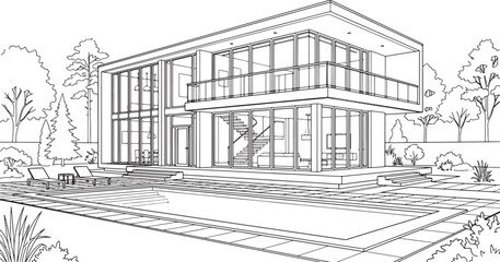 Fototapeta premium Modern two story house architectural sketch with swimming pool and garden landscape in black and white line