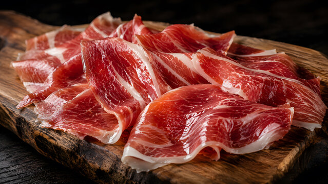 Slices of dry-cured Spanish jamon iberico ham served on a rustic wooden cutting board, representing culinary legacy and traditional gastronomy culture.