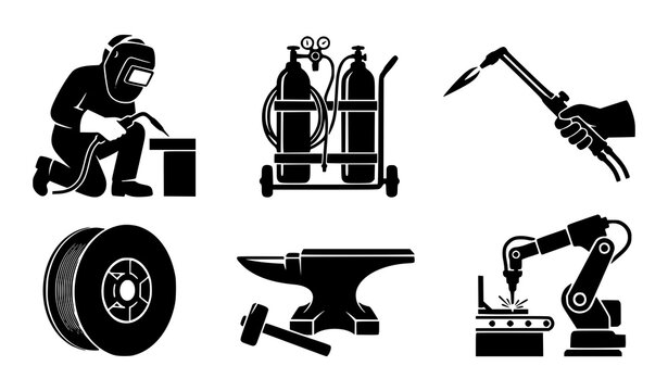 Welding and metal fabrication icon set featuring welder gas cylinders blowtorch wire spool anvil and automated robot