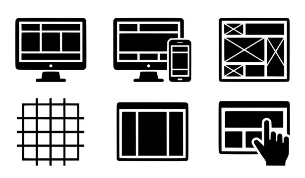 Web design and wireframe icon set featuring responsive layout computer monitor smartphone grid and touch interface graphics