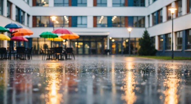 Colorful umbrellas in courtyard during rain with wet reflections on ground showcasing vibrant atmosphere. Courtyard features bright umbrellas, outdoor seating,