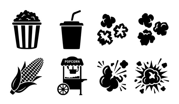 Minimalist popcorn and snack icon set featuring striped bucket soda cup fresh corn cob and vintage cart