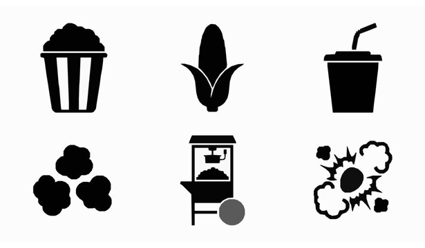 Minimalist popcorn and cinema snack icon set featuring popcorn bucket corn cart soda cup and puffed kernels