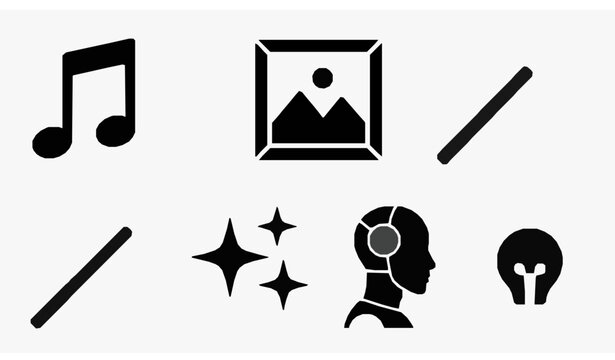 Minimalist technology and creativity icon set featuring music notes picture frame sparkles robot head and lightbulb silhouette