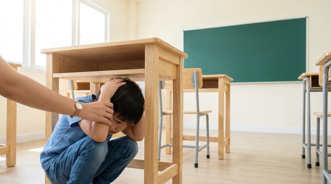 Earthquake drill classroom, Child safety training, School preparedness concept, Drop cover hold on, Emergency education, Blank board copy space, Positive learning