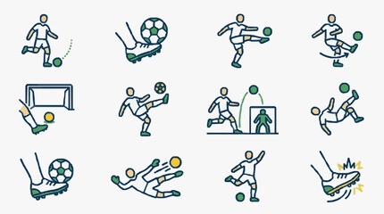Fototapeta premium Corporate Set of Soccer Skills and Actions with Minimalist Design Featuring Soccer Players in White and Green