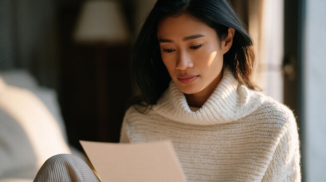 Filipino woman in her thirties reads a heartfelt letter from a childhood friend she lost touch with, sitting on the floor of a sparse apartment, online connection becoming real,