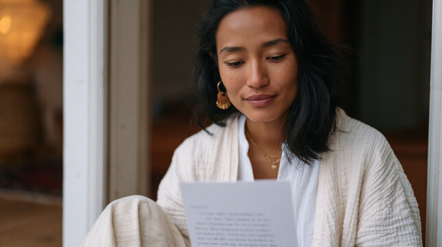 Filipino woman in her thirties reads a heartfelt letter from a childhood friend she lost touch with, sitting on the floor of a sparse apartment, online connection becoming real,