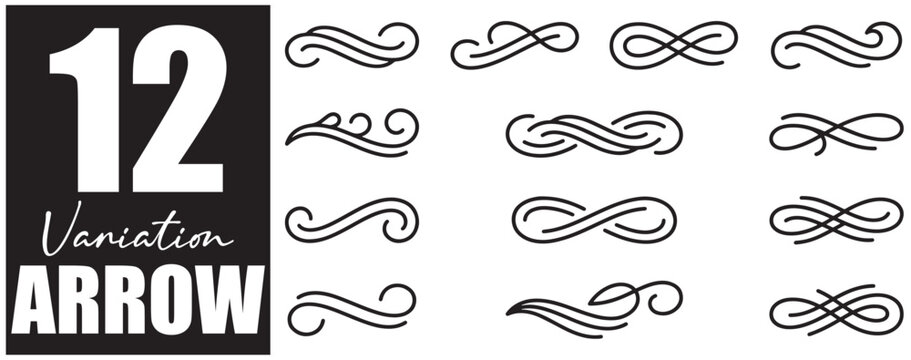 Twelve variations of decorative calligraphic flourishes and swirl ornaments, presented as at-shirt poster black and white set with a labeled sidebar on a clean white background for
